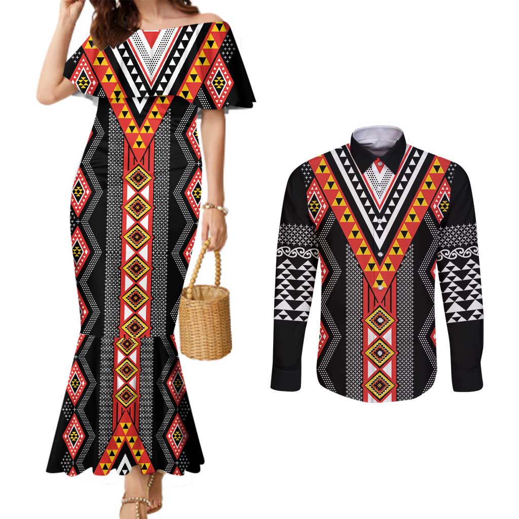 Niho Taniwha Taniko Motif Couples Matching Mermaid Dress and Long Sleeve Button Shirt LT9 Red - Polynesian Pride