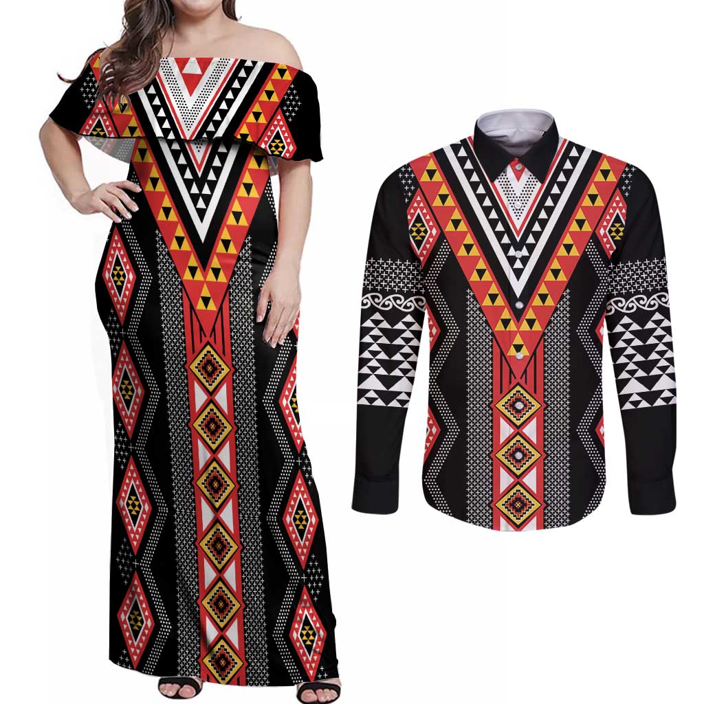 Niho Taniwha Taniko Motif Couples Matching Off Shoulder Maxi Dress and Long Sleeve Button Shirt LT9 Red - Polynesian Pride