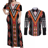 Niho Taniwha Taniko Motif Couples Matching Off Shoulder Maxi Dress and Long Sleeve Button Shirt