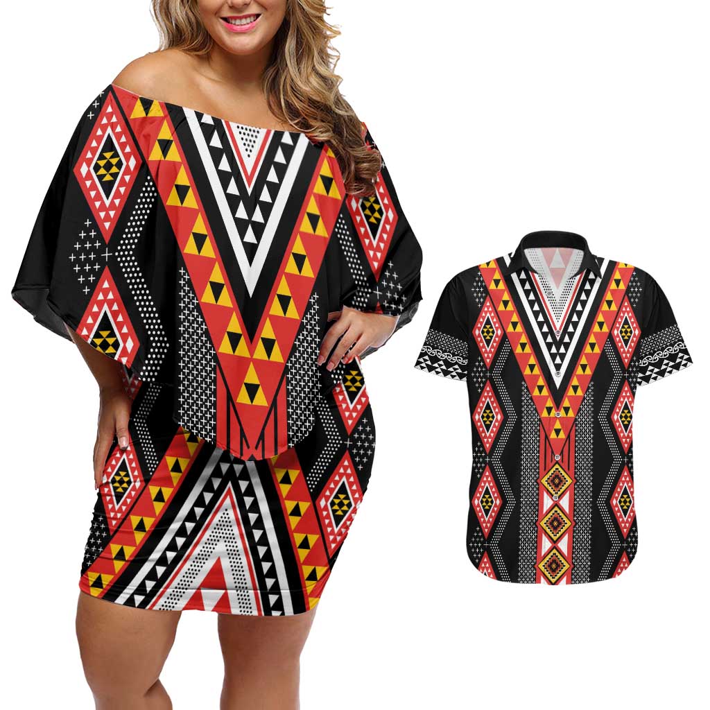 Niho Taniwha Taniko Motif Couples Matching Off Shoulder Short Dress and Hawaiian Shirt LT9 Red - Polynesian Pride