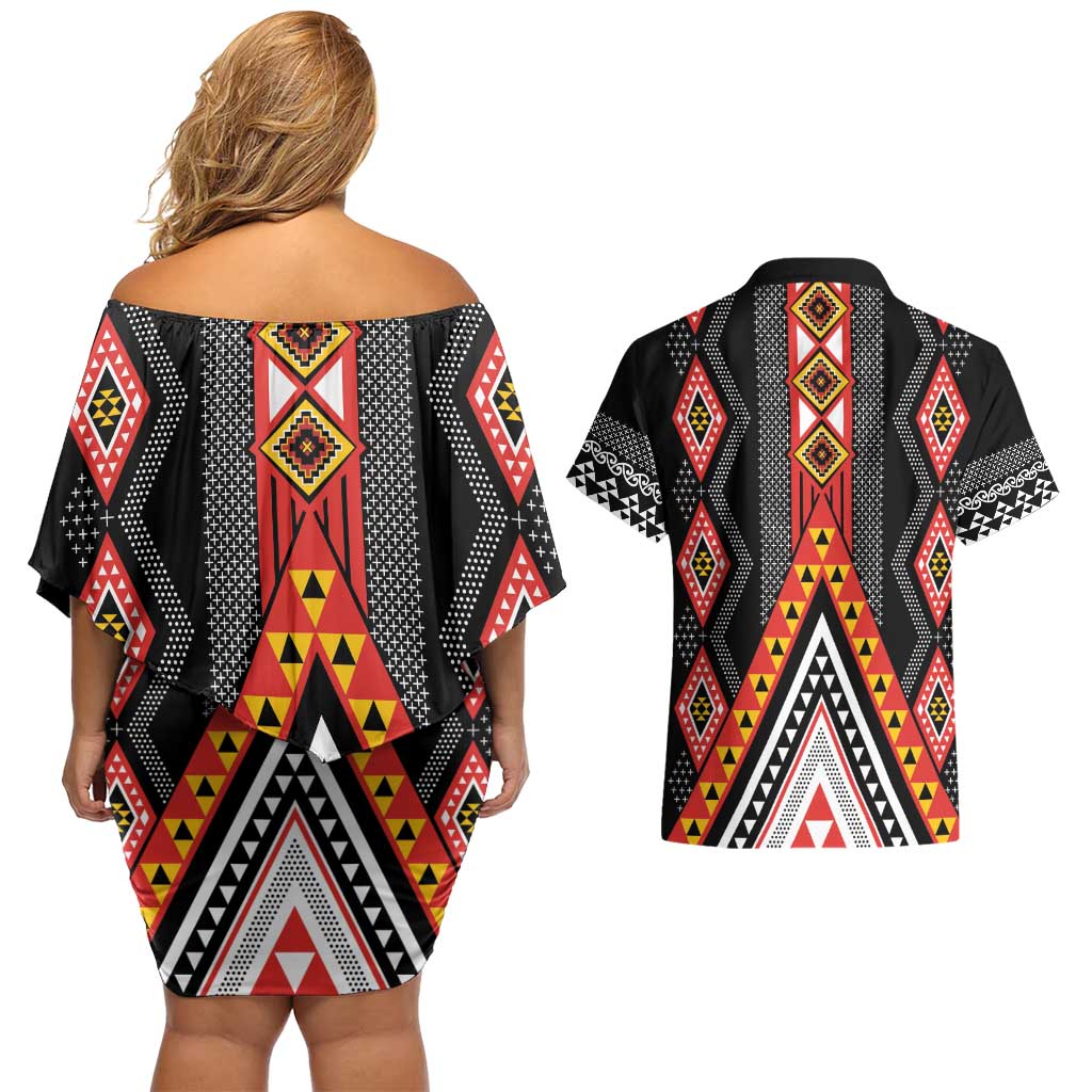 Niho Taniwha Taniko Motif Couples Matching Off Shoulder Short Dress and Hawaiian Shirt