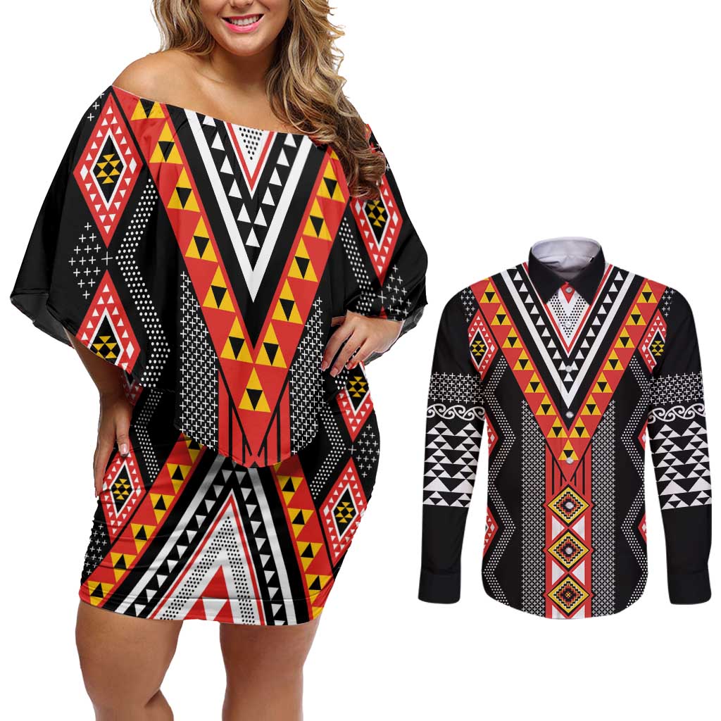 Niho Taniwha Taniko Motif Couples Matching Off Shoulder Short Dress and Long Sleeve Button Shirt LT9 Red - Polynesian Pride