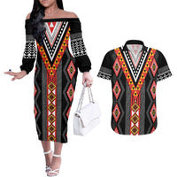 Niho Taniwha Taniko Motif Couples Matching Off The Shoulder Long Sleeve Dress and Hawaiian Shirt LT9 Red - Polynesian Pride