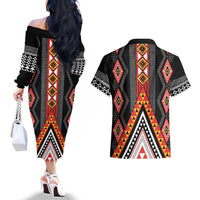 Niho Taniwha Taniko Motif Couples Matching Off The Shoulder Long Sleeve Dress and Hawaiian Shirt LT9 - Polynesian Pride