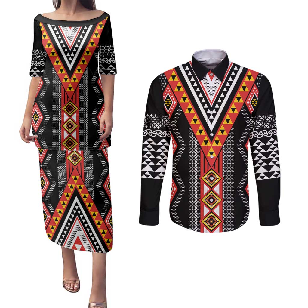 Niho Taniwha Taniko Motif Couples Matching Puletasi and Long Sleeve Button Shirt LT9 Red - Polynesian Pride