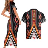 Niho Taniwha Taniko Motif Couples Matching Short Sleeve Bodycon Dress and Hawaiian Shirt LT9 - Polynesian Pride