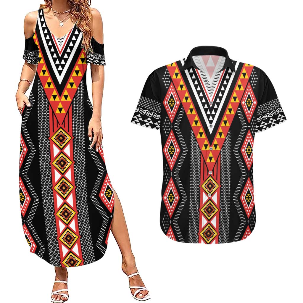 Niho Taniwha Taniko Motif Couples Matching Summer Maxi Dress and Hawaiian Shirt LT9 Red - Polynesian Pride