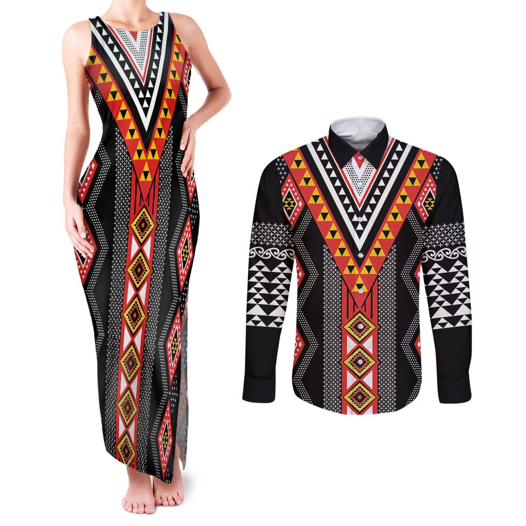Niho Taniwha Taniko Motif Couples Matching Tank Maxi Dress and Long Sleeve Button Shirt LT9 Red - Polynesian Pride