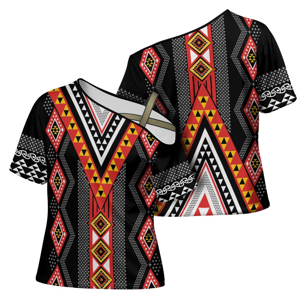 Niho Taniwha Taniko Motif Cross Shoulder Shirt - Polynesian Pride