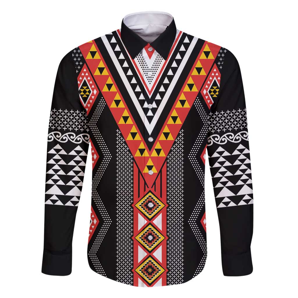 Niho Taniwha Taniko Motif Family Matching Long Sleeve Bodycon Dress and Hawaiian Shirt LT9 Dad's Shirt - Long Sleeve Red - Polynesian Pride