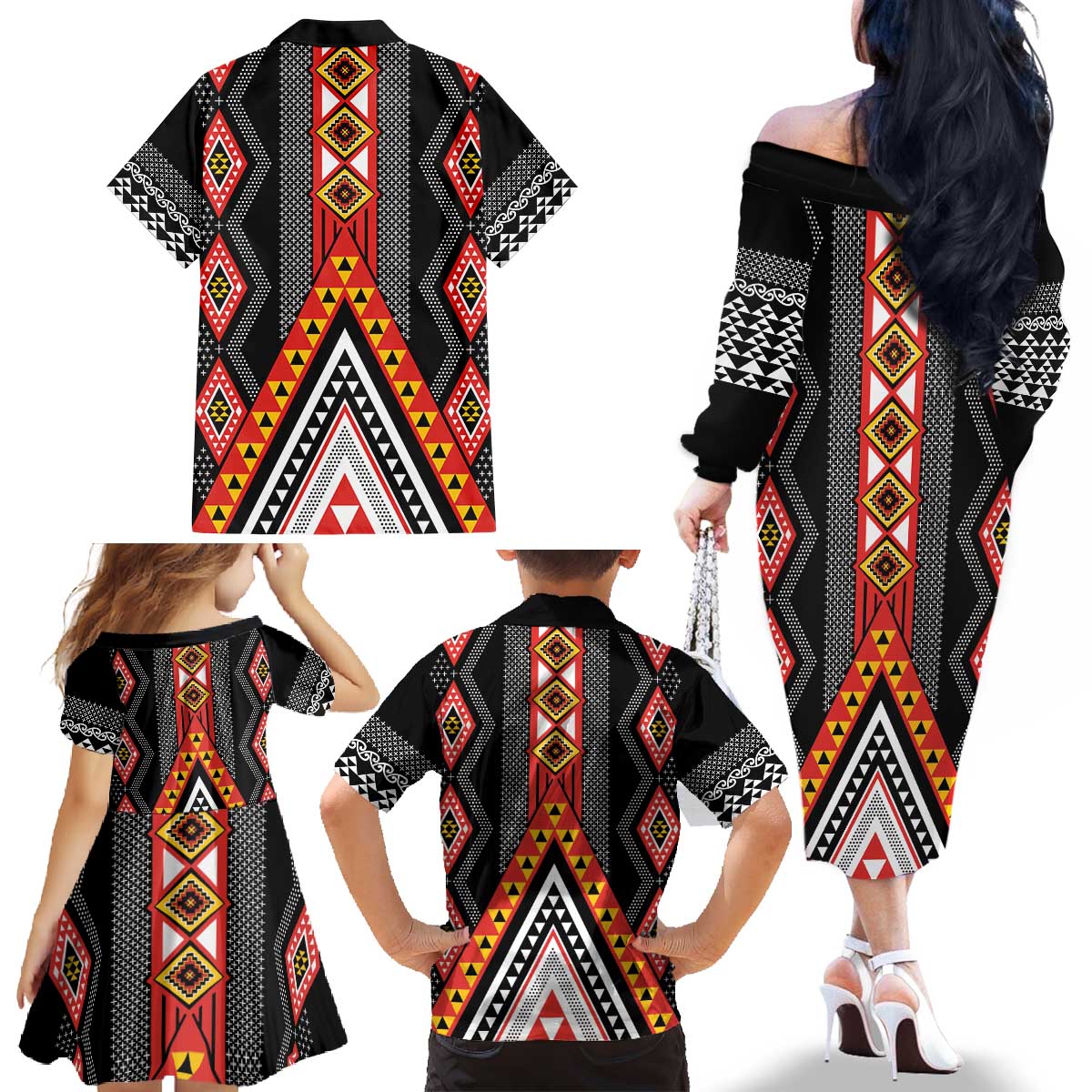 Niho Taniwha Taniko Motif Family Matching Off The Shoulder Long Sleeve Dress and Hawaiian Shirt LT9 - Polynesian Pride