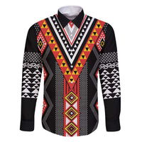 Niho Taniwha Taniko Motif Family Matching Off The Shoulder Long Sleeve Dress and Hawaiian Shirt LT9 Dad's Shirt - Long Sleeve Red - Polynesian Pride
