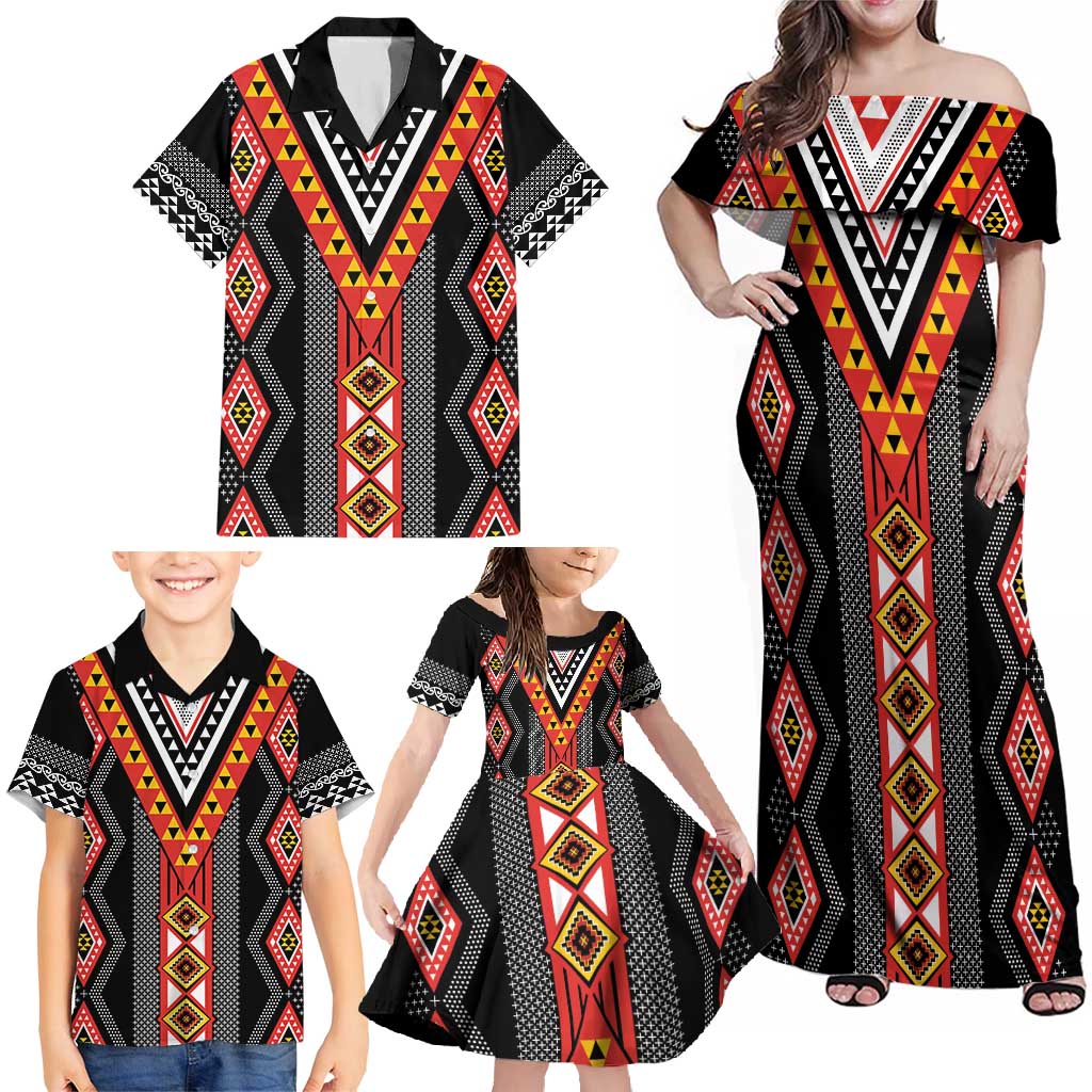 Niho Taniwha Taniko Motif Family Matching Off Shoulder Maxi Dress and Hawaiian Shirt LT9 - Polynesian Pride