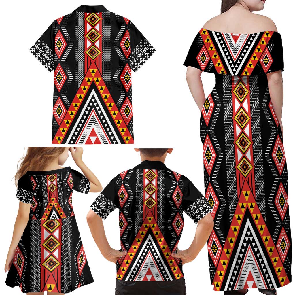Niho Taniwha Taniko Motif Family Matching Off Shoulder Maxi Dress and Hawaiian Shirt LT9 - Polynesian Pride