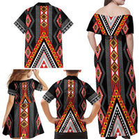 Niho Taniwha Taniko Motif Family Matching Off Shoulder Maxi Dress and Hawaiian Shirt LT9 - Polynesian Pride