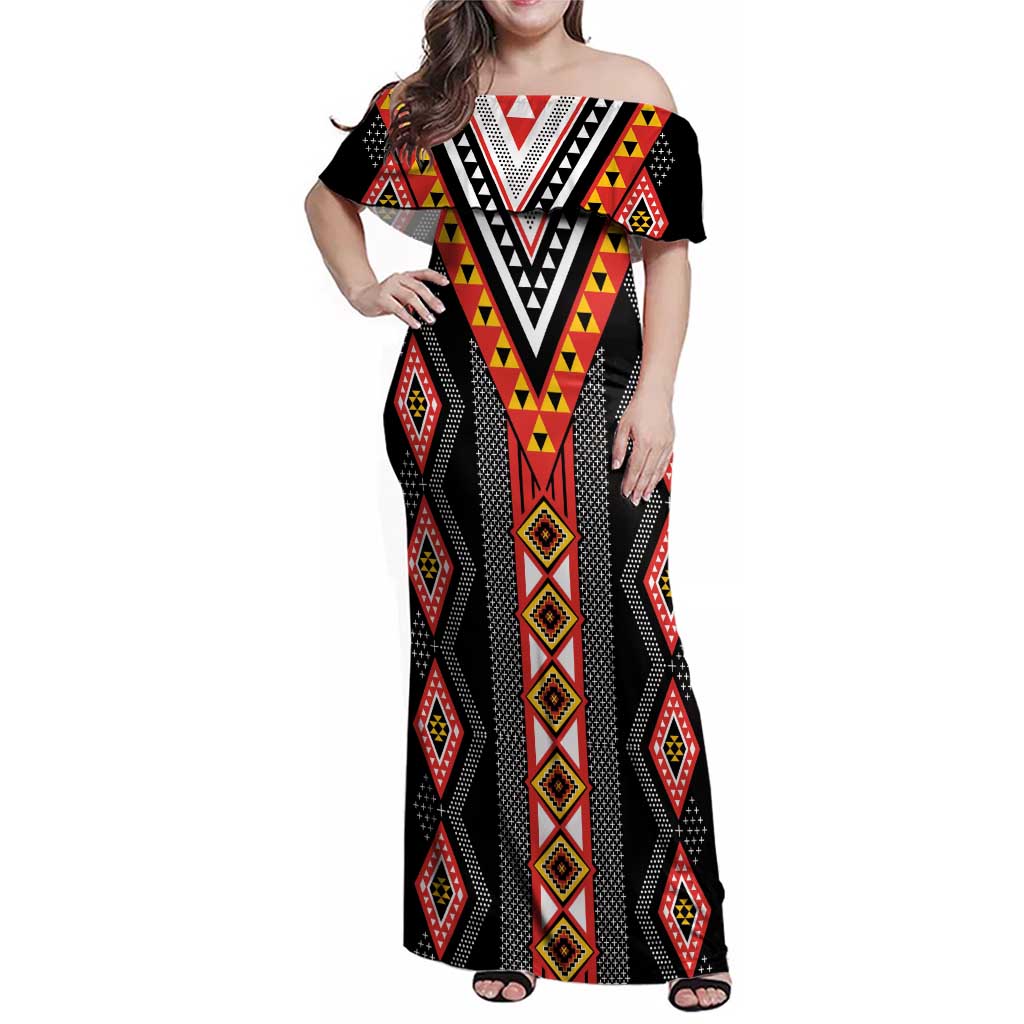 Niho Taniwha Taniko Motif Family Matching Off Shoulder Maxi Dress and Hawaiian Shirt LT9 Mom's Dress Red - Polynesian Pride