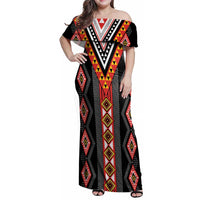 Niho Taniwha Taniko Motif Family Matching Off Shoulder Maxi Dress and Hawaiian Shirt LT9 Mom's Dress Red - Polynesian Pride
