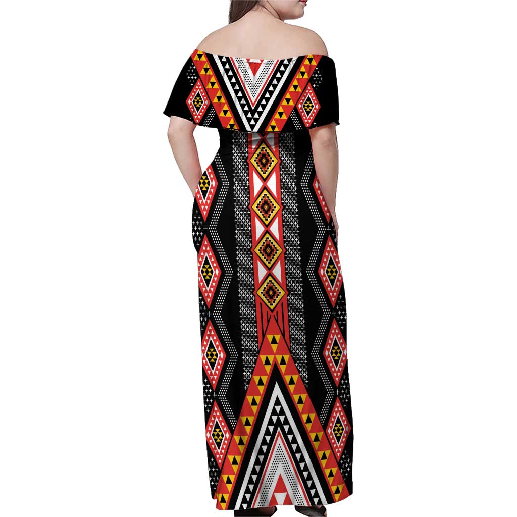 Niho Taniwha Taniko Motif Family Matching Off Shoulder Maxi Dress and Hawaiian Shirt LT9 - Polynesian Pride