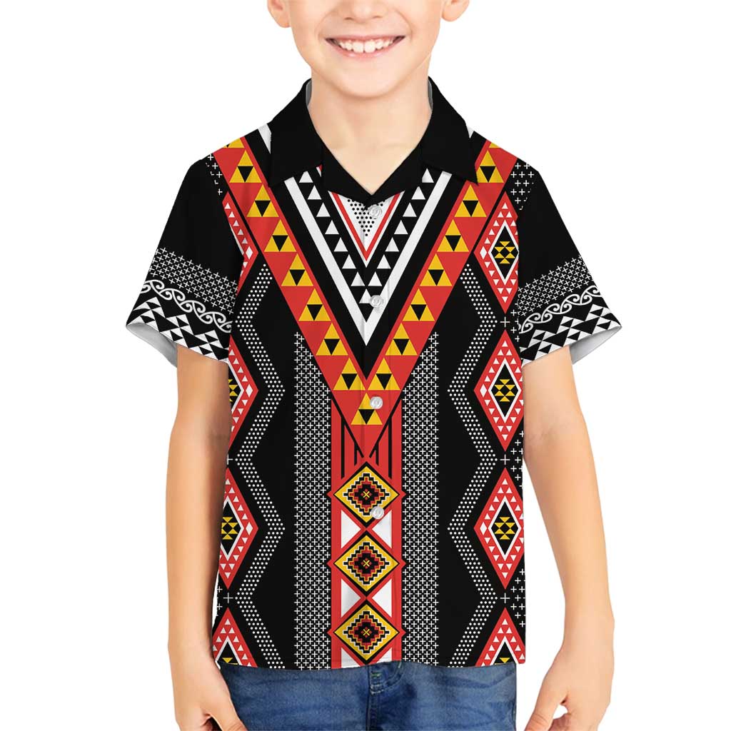 Niho Taniwha Taniko Motif Family Matching Off Shoulder Maxi Dress and Hawaiian Shirt LT9 Son's Shirt Red - Polynesian Pride