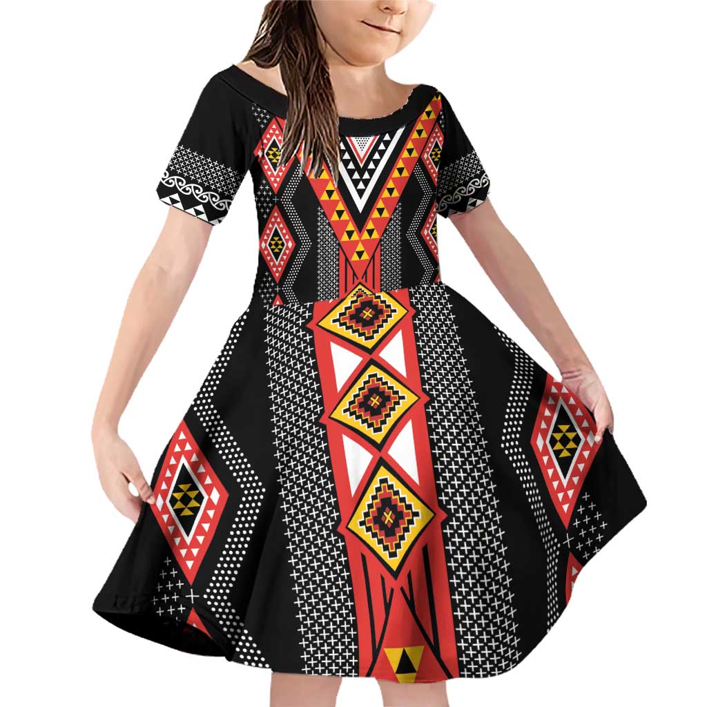 Niho Taniwha Taniko Motif Family Matching Off Shoulder Short Dress and Hawaiian Shirt LT9 Daughter's Dress Red - Polynesian Pride