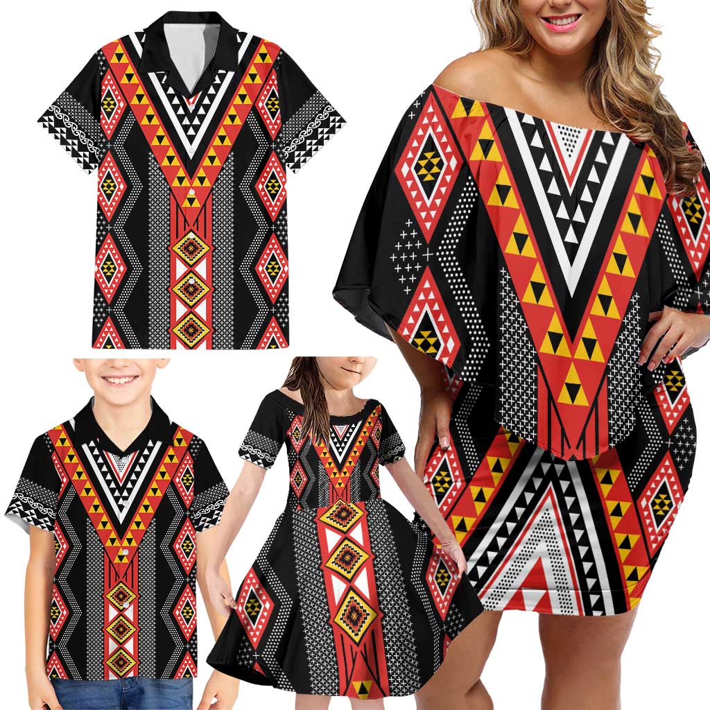 Niho Taniwha Taniko Motif Family Matching Off Shoulder Short Dress and Hawaiian Shirt LT9 - Polynesian Pride