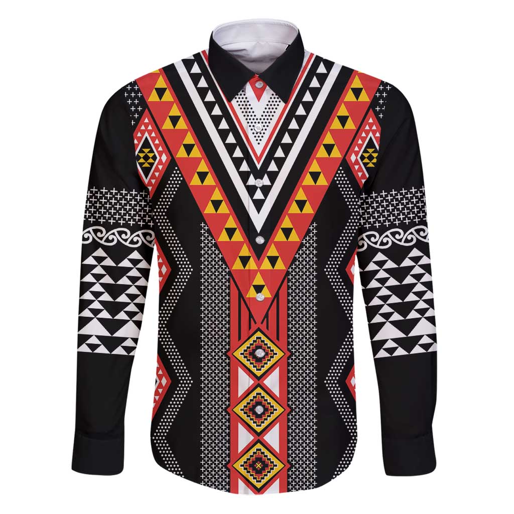Niho Taniwha Taniko Motif Family Matching Puletasi and Hawaiian Shirt LT9 Dad's Shirt - Long Sleeve Red - Polynesian Pride