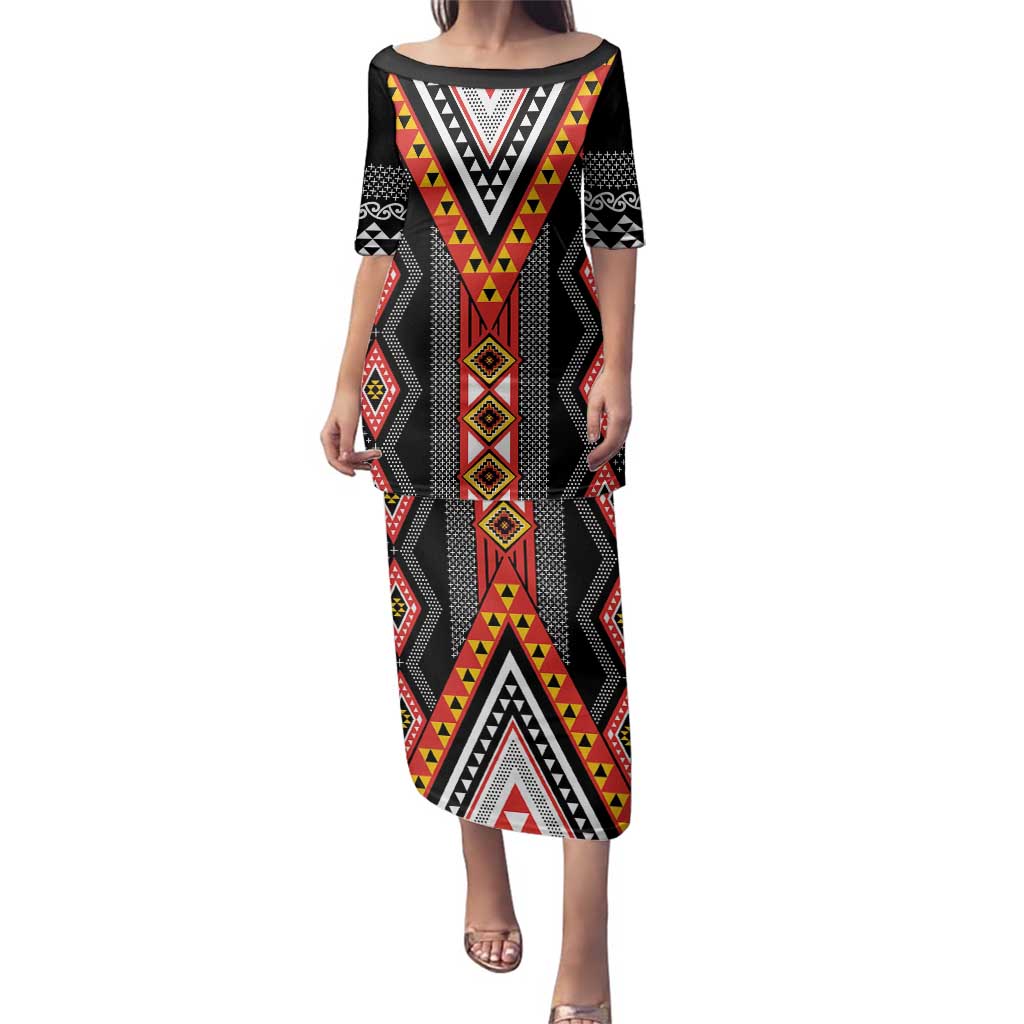 Niho Taniwha Taniko Motif Family Matching Puletasi and Hawaiian Shirt LT9 Mom's Dress Red - Polynesian Pride