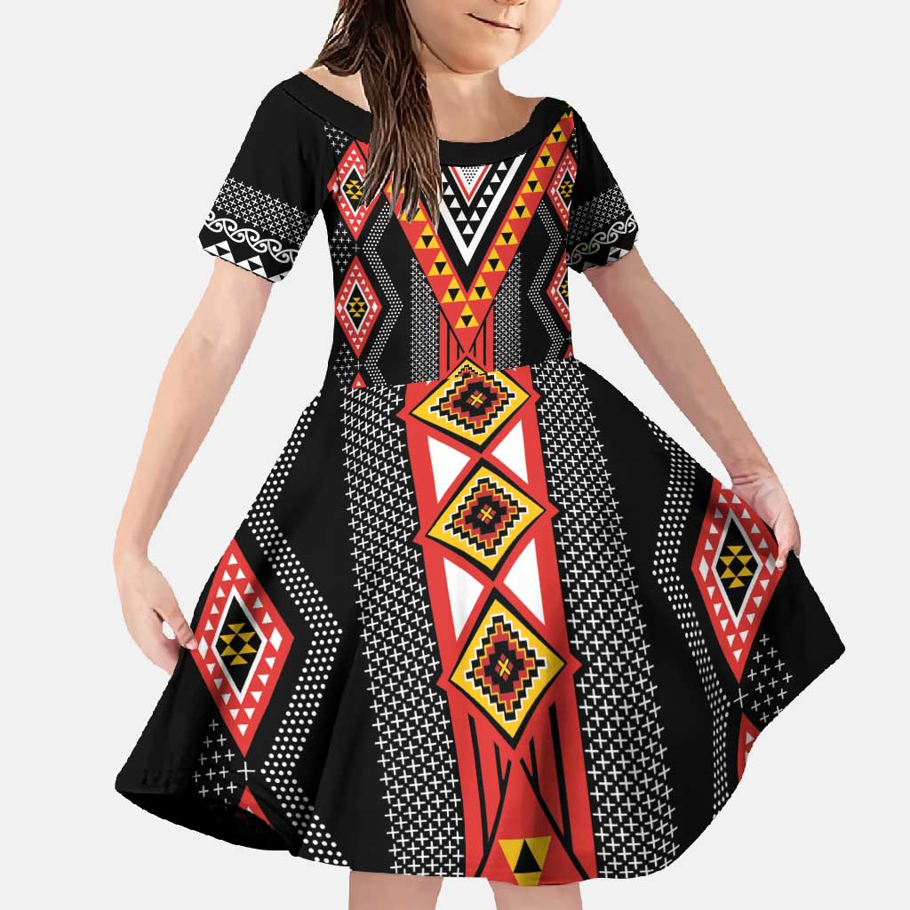 Niho Taniwha Taniko Motif Family Matching Tank Maxi Dress and Hawaiian Shirt LT9 Daughter's Dress Red - Polynesian Pride