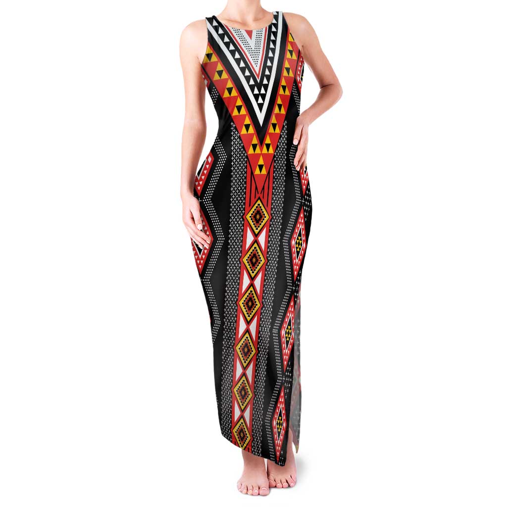 Niho Taniwha Taniko Motif Family Matching Tank Maxi Dress and Hawaiian Shirt LT9 Mom's Dress Red - Polynesian Pride