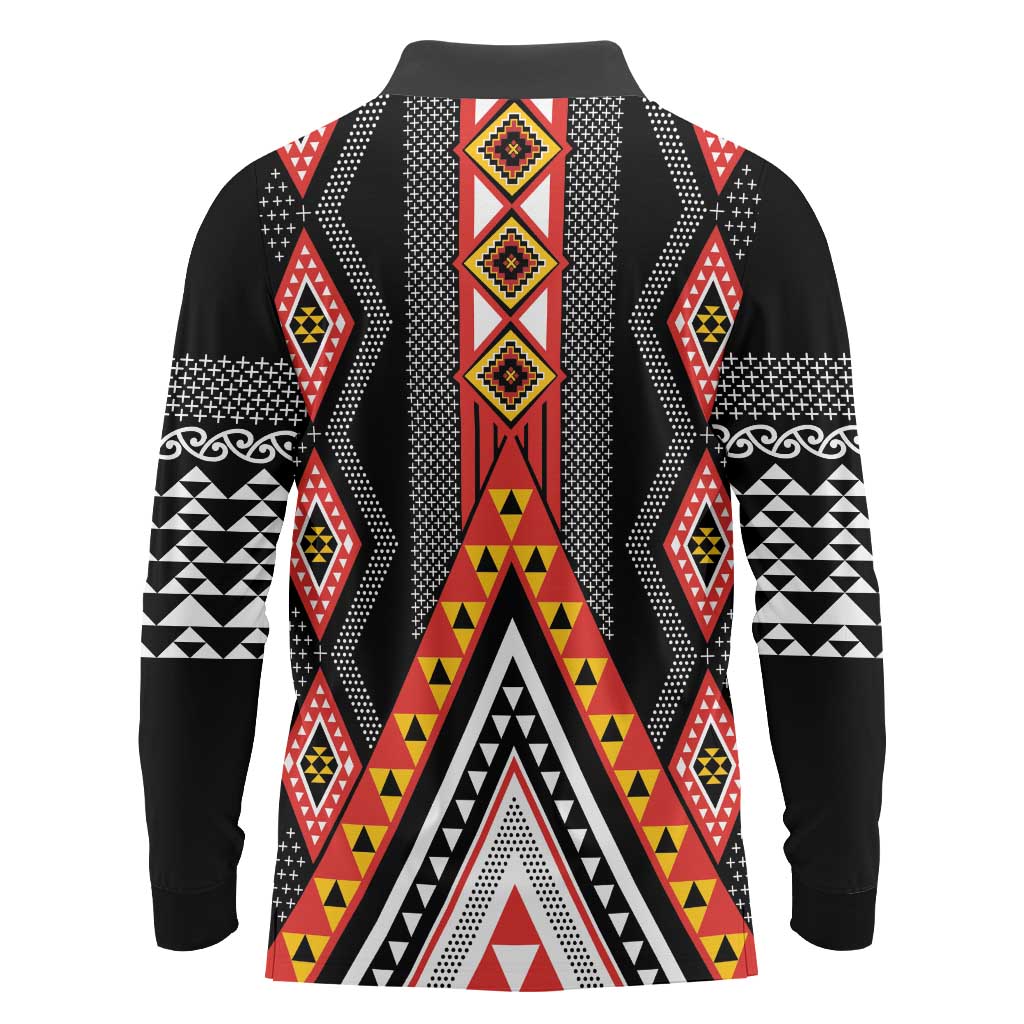 Niho Taniwha Taniko Motif Long Sleeve Polo Shirt LT9 - Polynesian Pride