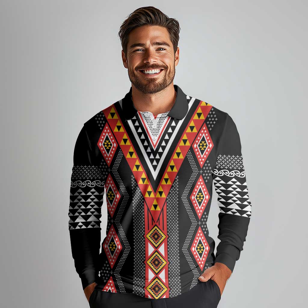 Niho Taniwha Taniko Motif Long Sleeve Polo Shirt LT9 - Polynesian Pride