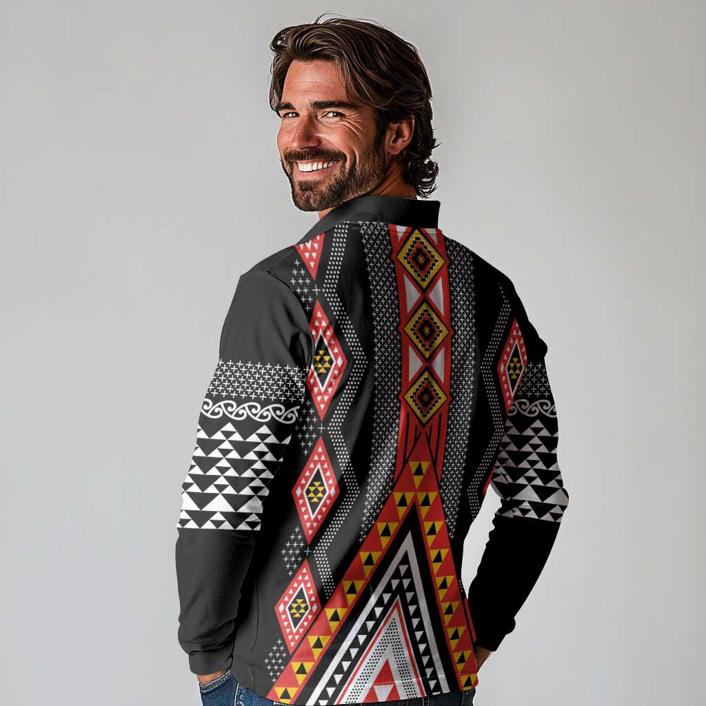 Niho Taniwha Taniko Motif Long Sleeve Polo Shirt LT9 - Polynesian Pride