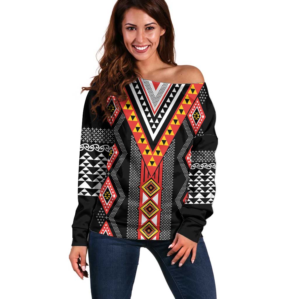 Niho Taniwha Taniko Motif Off Shoulder Sweater LT9 Women Red - Polynesian Pride