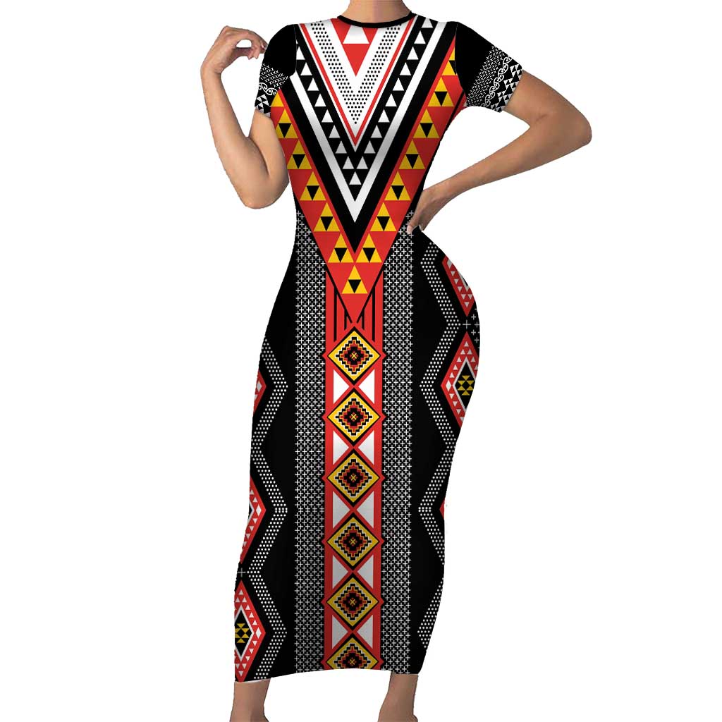 Niho Taniwha Taniko Motif Short Sleeve Bodycon Dress LT9 Long Dress Red - Polynesian Pride