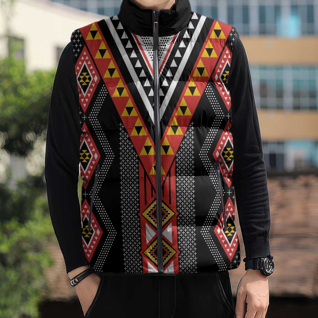 Niho Taniwha Taniko Motif Sleeveless Puffer Jacket - Polynesian Pride