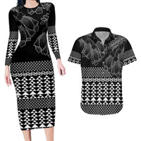 Black Taniko Kowhaiwhai Tukutuku Motif Couples Matching Long Sleeve Bodycon Dress and Hawaiian Shirt LT9 Black - Polynesian Pride
