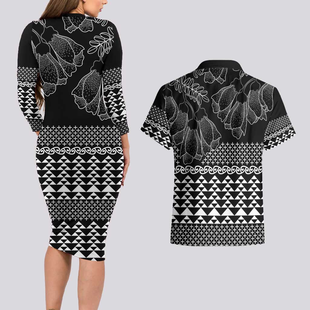 Black Taniko Kowhaiwhai Tukutuku Motif Couples Matching Long Sleeve Bodycon Dress and Hawaiian Shirt LT9 - Polynesian Pride