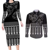 Black Taniko Kowhaiwhai Tukutuku Motif Couples Matching Long Sleeve Bodycon Dress and Long Sleeve Button Shirt LT9 Black - Polynesian Pride