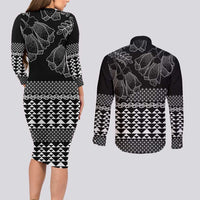 Black Taniko Kowhaiwhai Tukutuku Motif Couples Matching Long Sleeve Bodycon Dress and Long Sleeve Button Shirt LT9 - Polynesian Pride