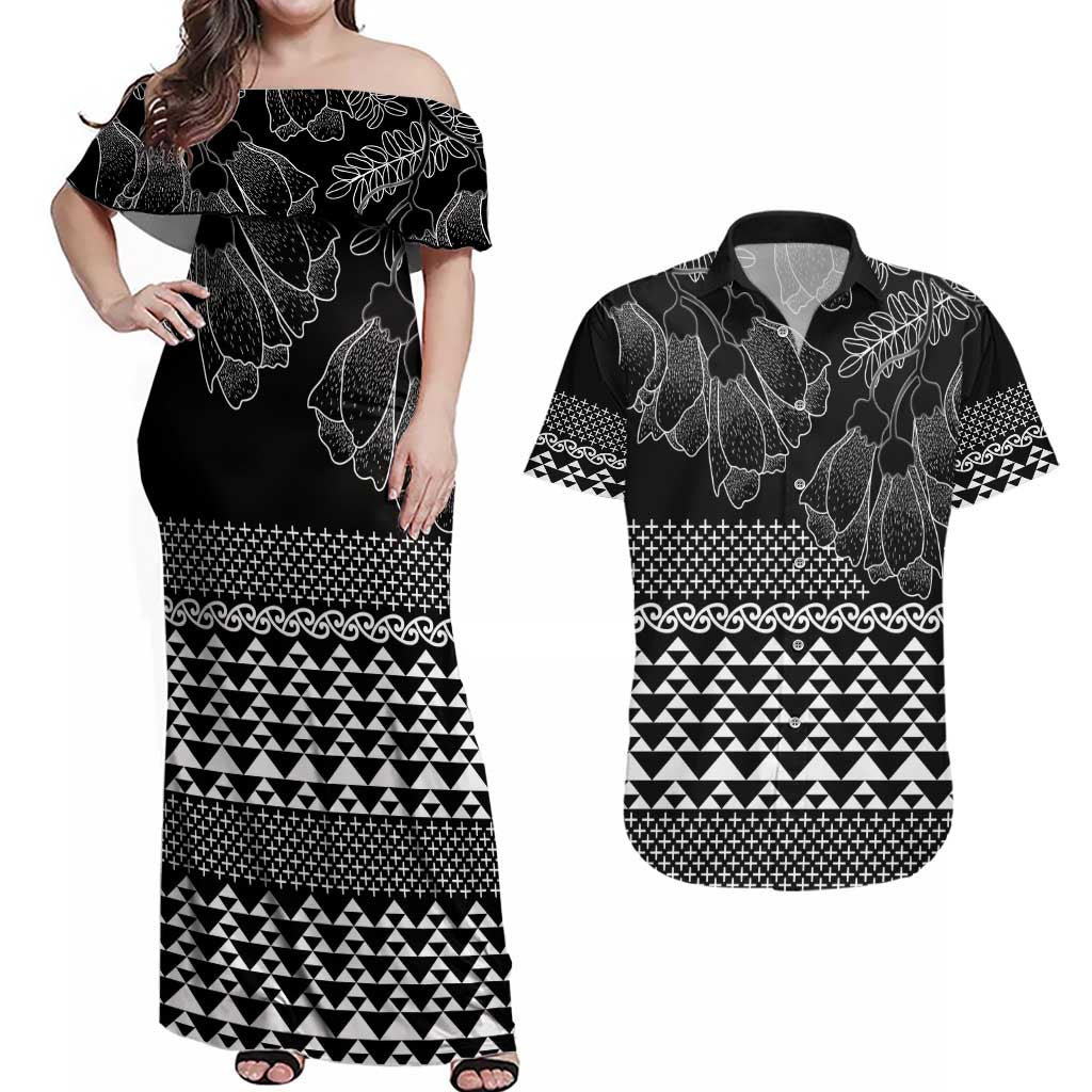 Black Taniko Kowhaiwhai Tukutuku Motif Couples Matching Off Shoulder Maxi Dress and Hawaiian Shirt LT9 Black - Polynesian Pride