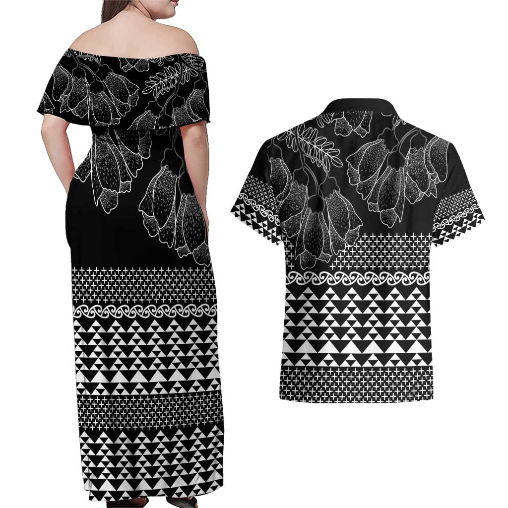 Black Taniko Kowhaiwhai Tukutuku Motif Couples Matching Off Shoulder Maxi Dress and Hawaiian Shirt LT9 - Polynesian Pride