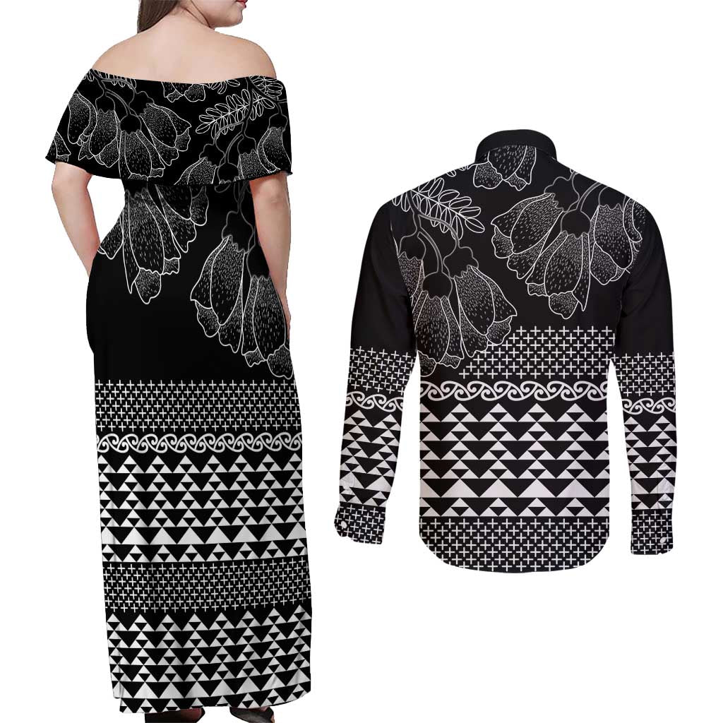 Black Taniko Kowhaiwhai Tukutuku Motif Couples Matching Off Shoulder Maxi Dress and Long Sleeve Button Shirt LT9 - Polynesian Pride