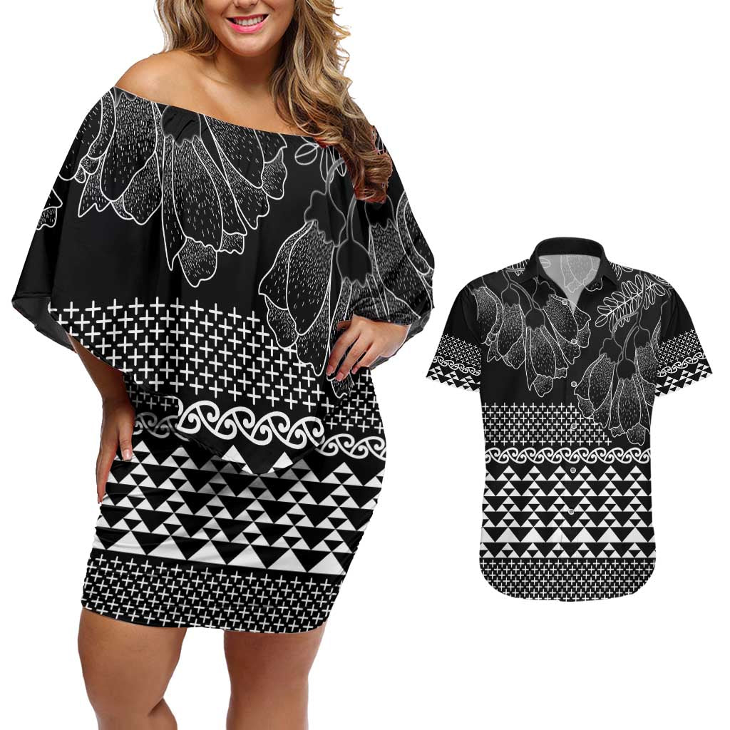 Black Taniko Kowhaiwhai Tukutuku Motif Couples Matching Off Shoulder Short Dress and Hawaiian Shirt LT9 Black - Polynesian Pride