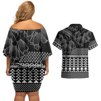 Black Taniko Kowhaiwhai Tukutuku Motif Couples Matching Off Shoulder Short Dress and Hawaiian Shirt LT9 - Polynesian Pride