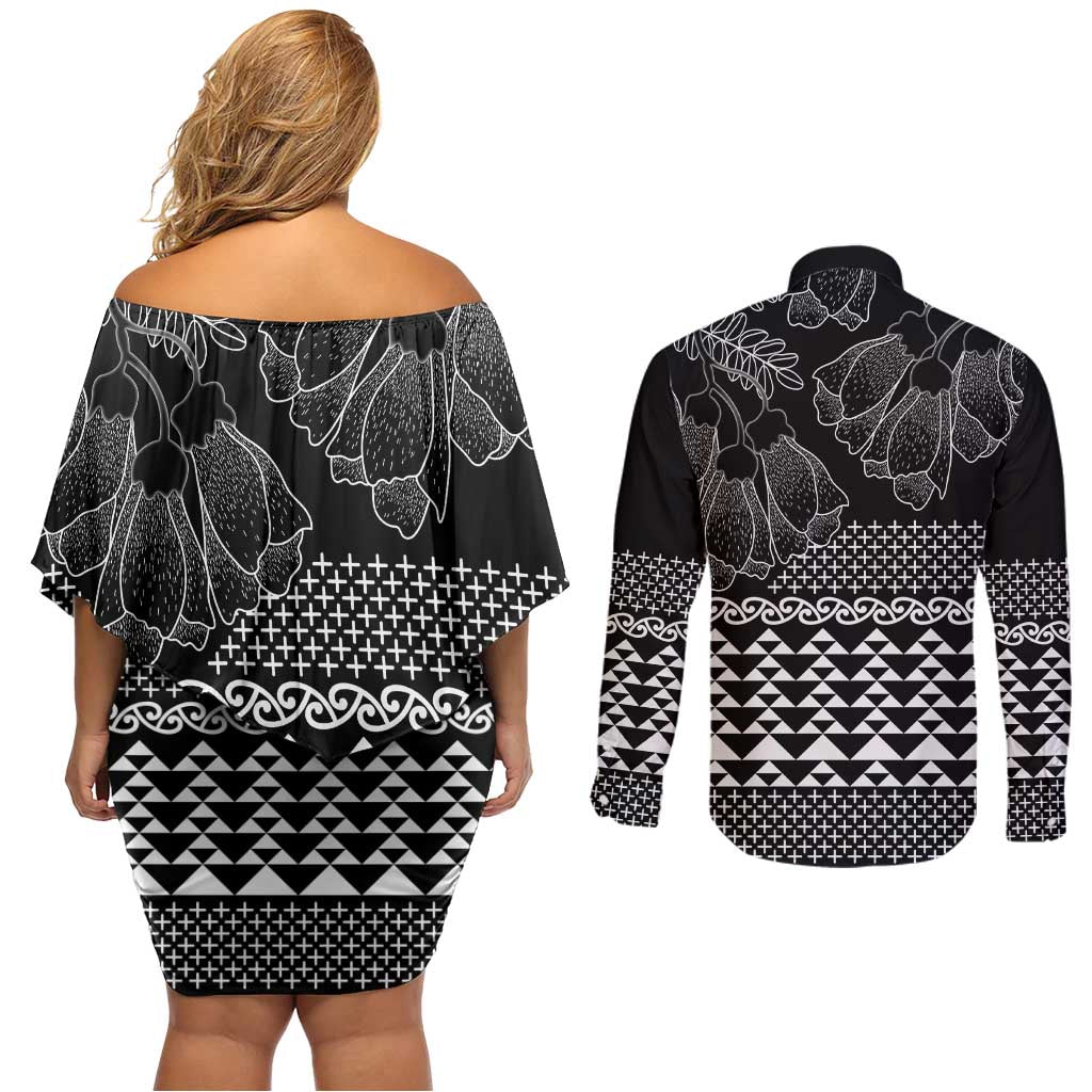 Black Taniko Kowhaiwhai Tukutuku Motif Couples Matching Off Shoulder Short Dress and Long Sleeve Button Shirt LT9 - Polynesian Pride