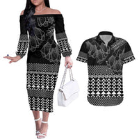 Black Taniko Kowhaiwhai Tukutuku Motif Couples Matching Off The Shoulder Long Sleeve Dress and Hawaiian Shirt LT9 Black - Polynesian Pride