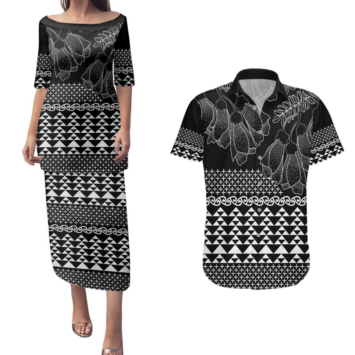 Black Taniko Kowhaiwhai Tukutuku Motif Couples Matching Puletasi and Hawaiian Shirt LT9 Black - Polynesian Pride