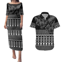 Black Taniko Kowhaiwhai Tukutuku Motif Couples Matching Puletasi and Hawaiian Shirt LT9 Black - Polynesian Pride