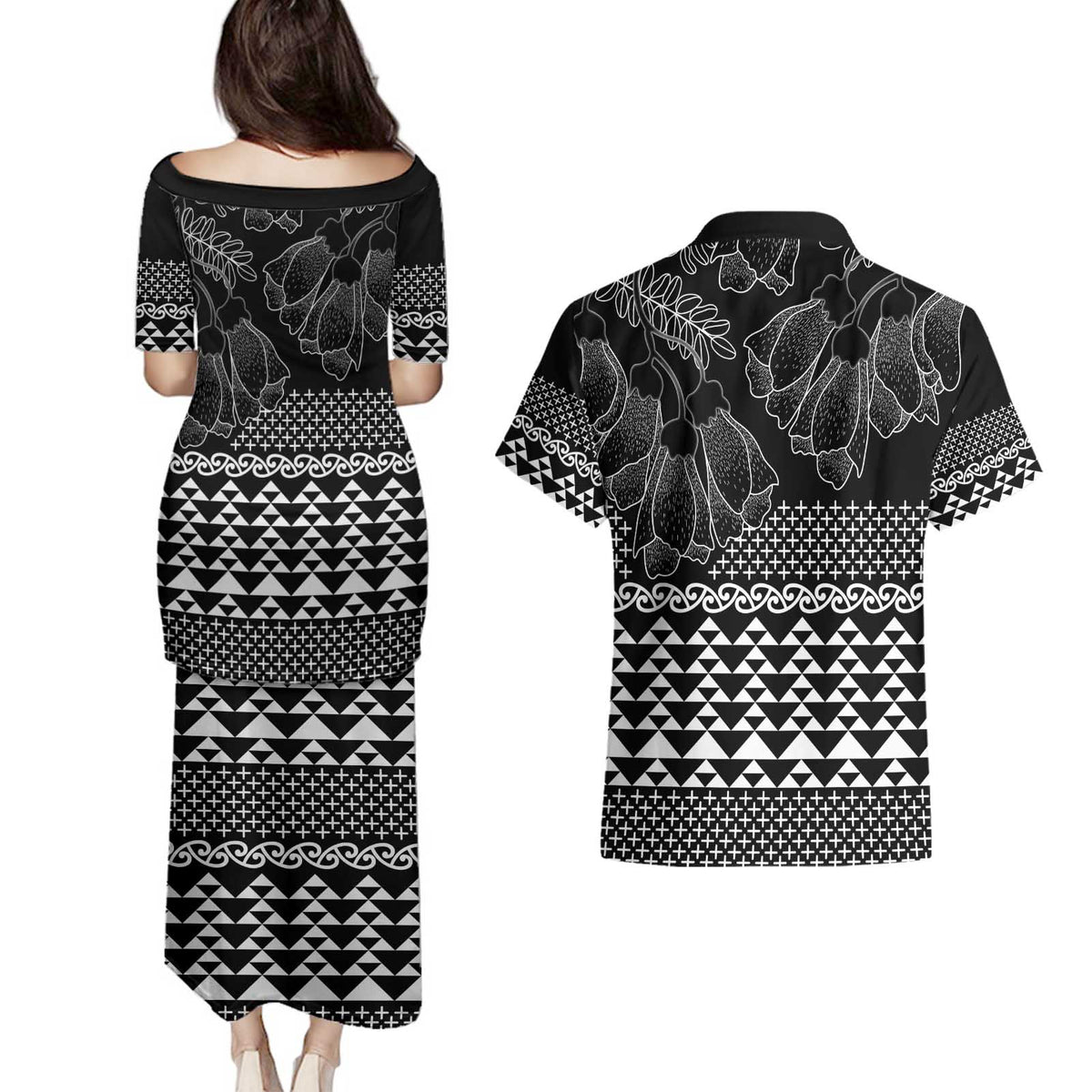Black Taniko Kowhaiwhai Tukutuku Motif Couples Matching Puletasi and Hawaiian Shirt LT9 - Polynesian Pride