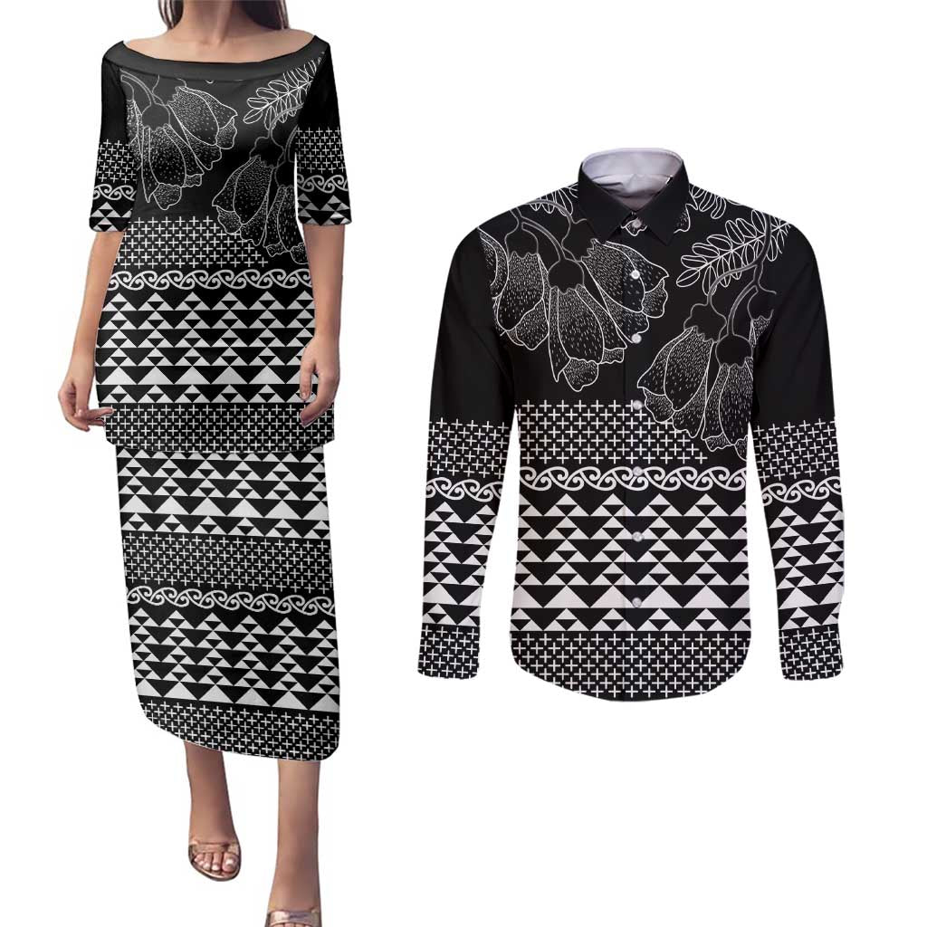 Black Taniko Kowhaiwhai Tukutuku Motif Couples Matching Puletasi and Long Sleeve Button Shirt LT9 Black - Polynesian Pride